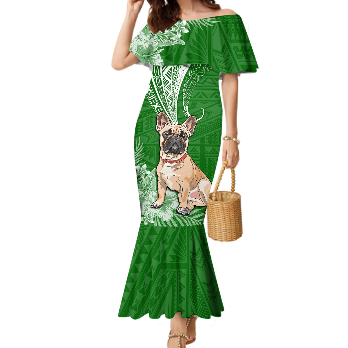 Personalised Polynesian Pacific Bulldog Mermaid Dress With Emerald Hawaii Tribal Tattoo Patterns - Wonder Print Shop