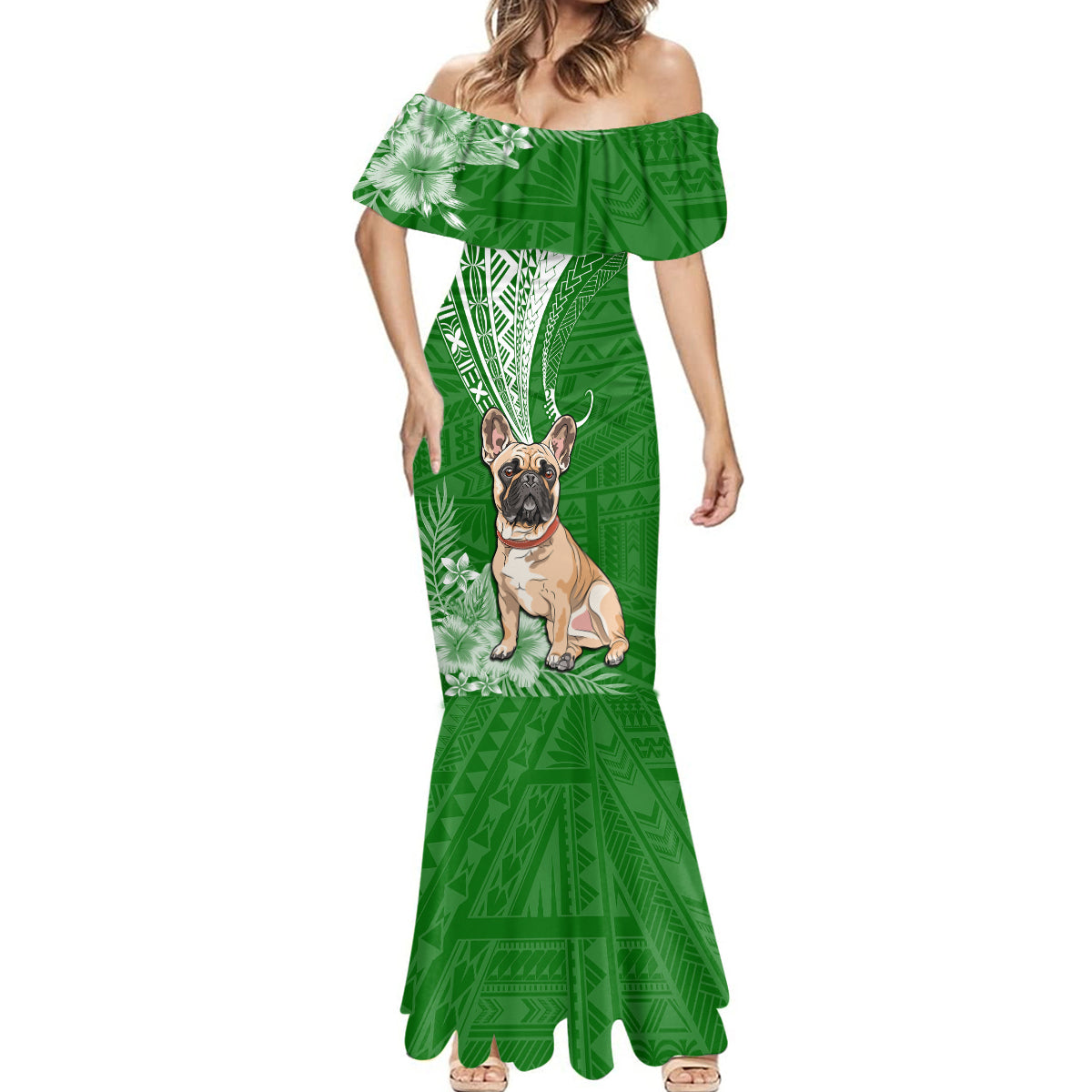 Personalised Polynesian Pacific Bulldog Mermaid Dress With Emerald Hawaii Tribal Tattoo Patterns - Wonder Print Shop