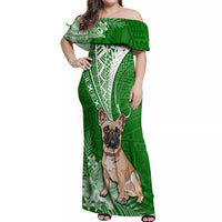Personalised Polynesian Pacific Bulldog Off Shoulder Maxi Dress With Emerald Hawaii Tribal Tattoo Patterns - Wonder Print Shop