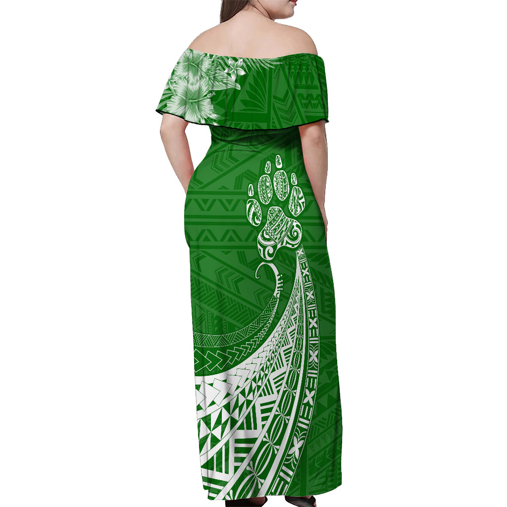Personalised Polynesian Pacific Bulldog Off Shoulder Maxi Dress With Emerald Hawaii Tribal Tattoo Patterns - Wonder Print Shop