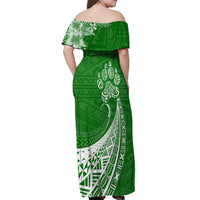 Personalised Polynesian Pacific Bulldog Off Shoulder Maxi Dress With Emerald Hawaii Tribal Tattoo Patterns - Wonder Print Shop