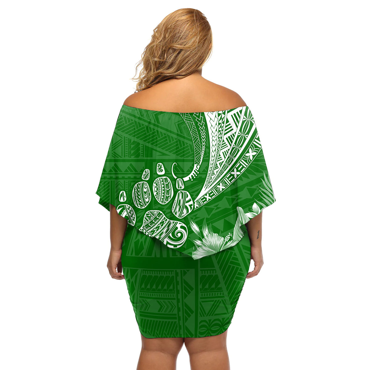 Personalised Polynesian Pacific Bulldog Off Shoulder Short Dress With Emerald Hawaii Tribal Tattoo Patterns - Wonder Print Shop