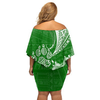 Personalised Polynesian Pacific Bulldog Off Shoulder Short Dress With Emerald Hawaii Tribal Tattoo Patterns - Wonder Print Shop