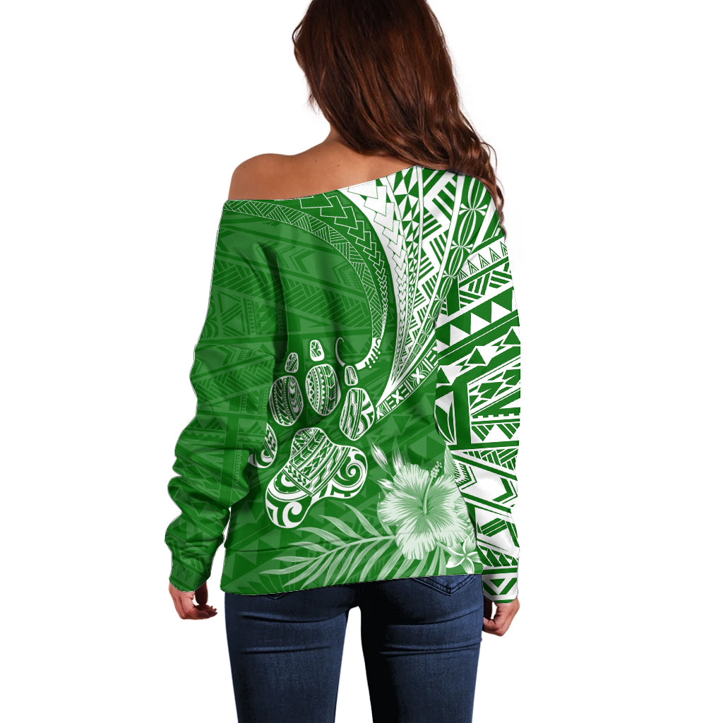 Personalised Polynesian Pacific Bulldog Off Shoulder Sweater With Emerald Hawaii Tribal Tattoo Patterns - Wonder Print Shop