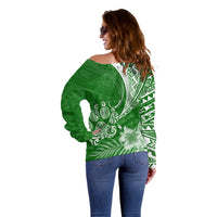 Personalised Polynesian Pacific Bulldog Off Shoulder Sweater With Emerald Hawaii Tribal Tattoo Patterns - Wonder Print Shop