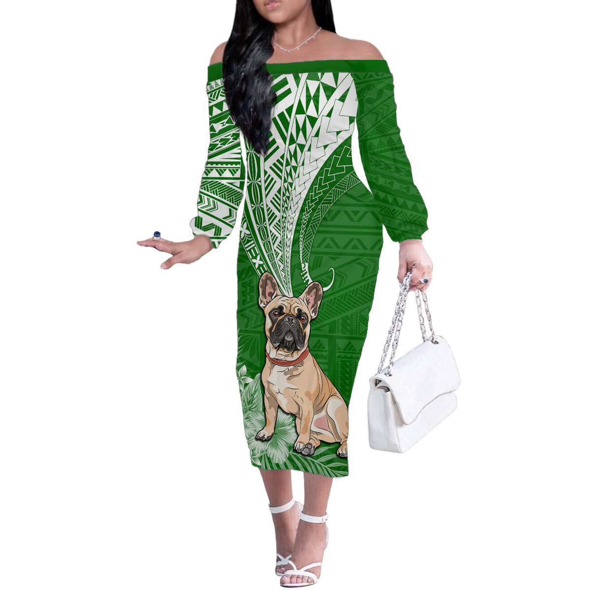 Personalised Polynesian Pacific Bulldog Off The Shoulder Long Sleeve Dress With Emerald Hawaii Tribal Tattoo Patterns - Wonder Print Shop