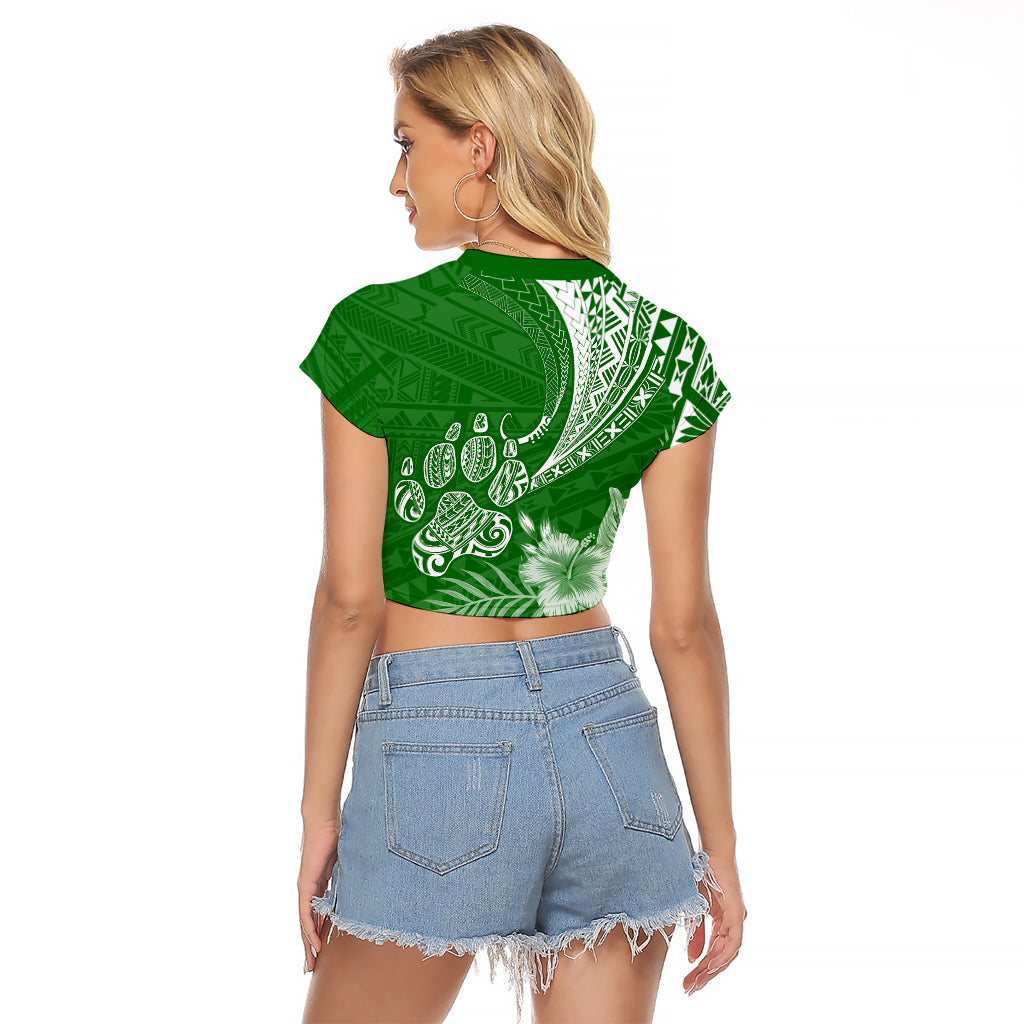 Personalised Polynesian Pacific Bulldog Raglan Cropped T Shirt With Emerald Hawaii Tribal Tattoo Patterns - Wonder Print Shop