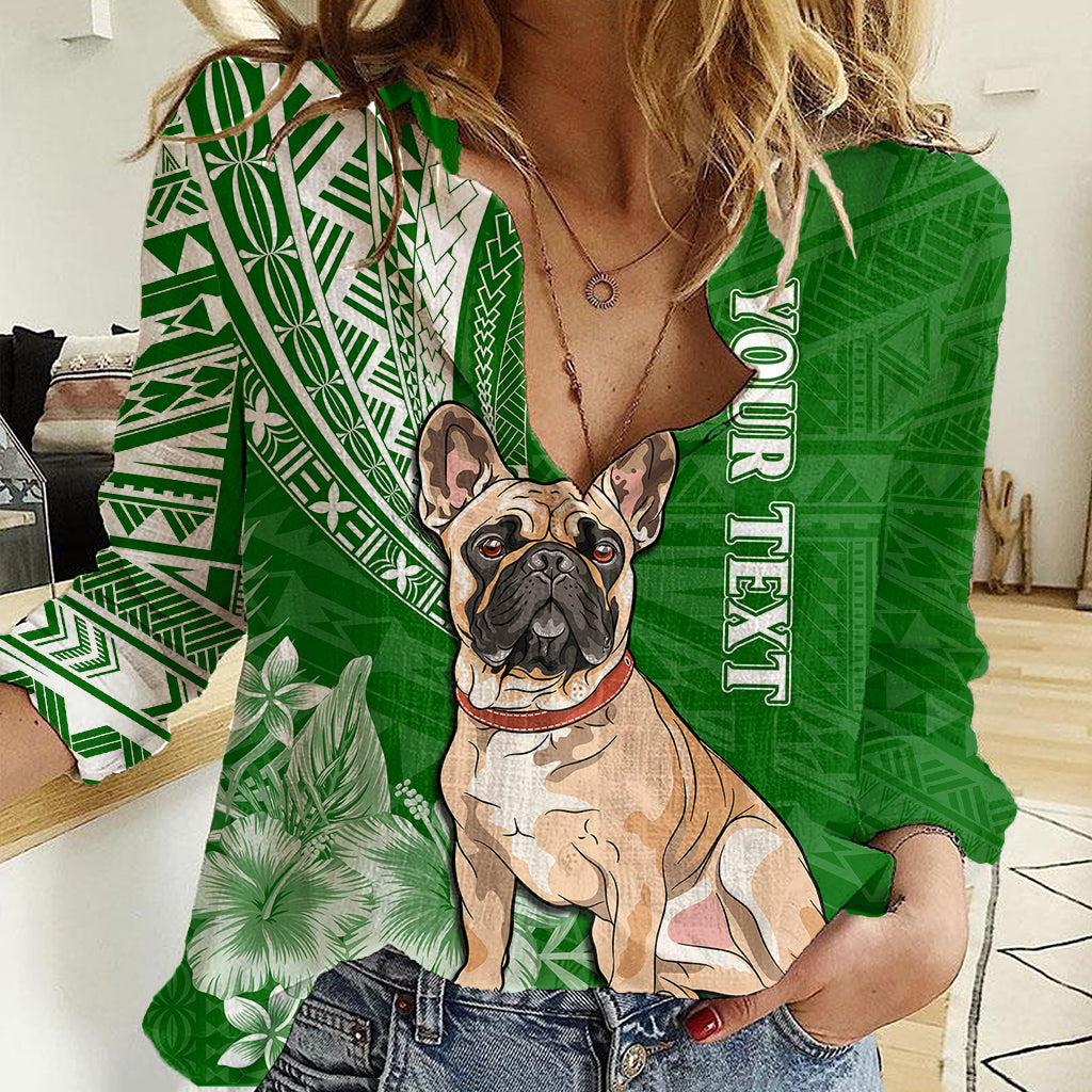 Personalised Polynesian Pacific Bulldog Women Casual Shirt With Emerald Hawaii Tribal Tattoo Patterns - Wonder Print Shop