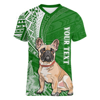Personalised Polynesian Pacific Bulldog Women V Neck T Shirt With Emerald Hawaii Tribal Tattoo Patterns - Wonder Print Shop