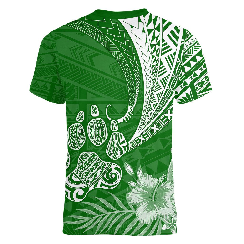 Personalised Polynesian Pacific Bulldog Women V Neck T Shirt With Emerald Hawaii Tribal Tattoo Patterns - Wonder Print Shop