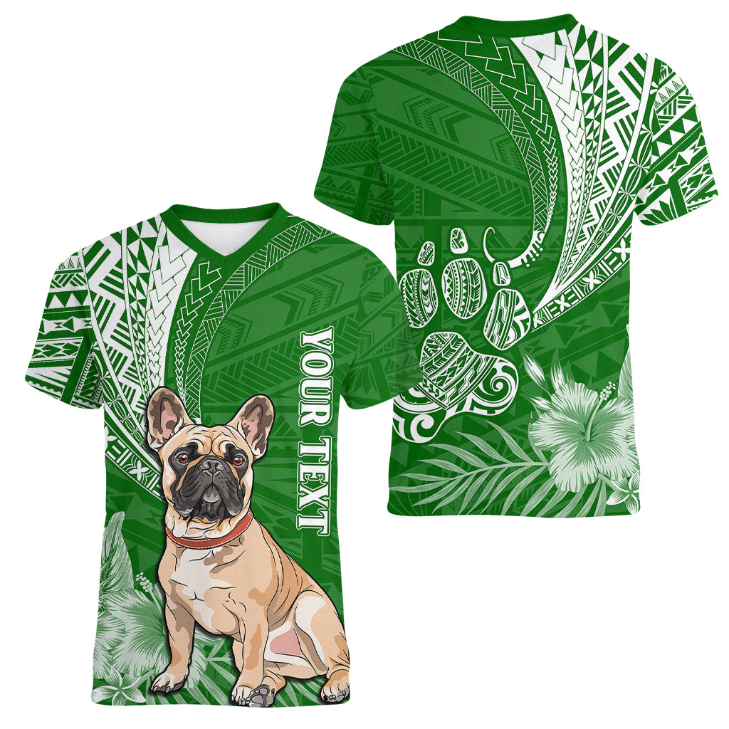 Personalised Polynesian Pacific Bulldog Women V Neck T Shirt With Emerald Hawaii Tribal Tattoo Patterns - Wonder Print Shop