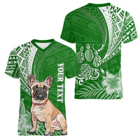 Personalised Polynesian Pacific Bulldog Women V Neck T Shirt With Emerald Hawaii Tribal Tattoo Patterns - Wonder Print Shop