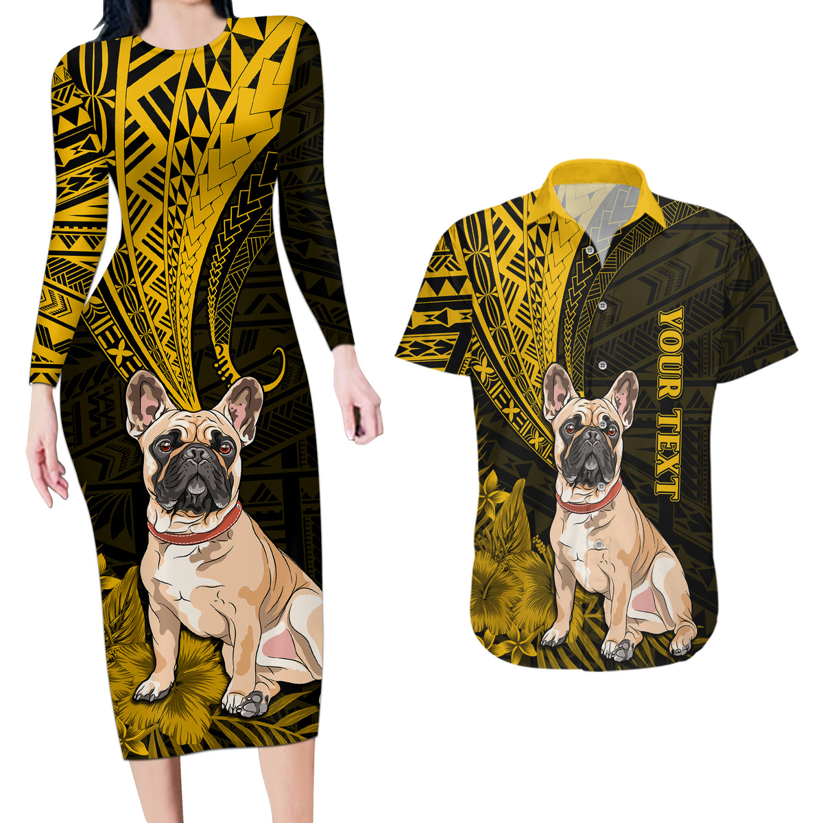 Personalised Polynesian Pacific Bulldog Couples Matching Long Sleeve Bodycon Dress and Hawaiian Shirt With Gold Hawaii Tribal Tattoo Patterns LT7 - Wonder Print Shop