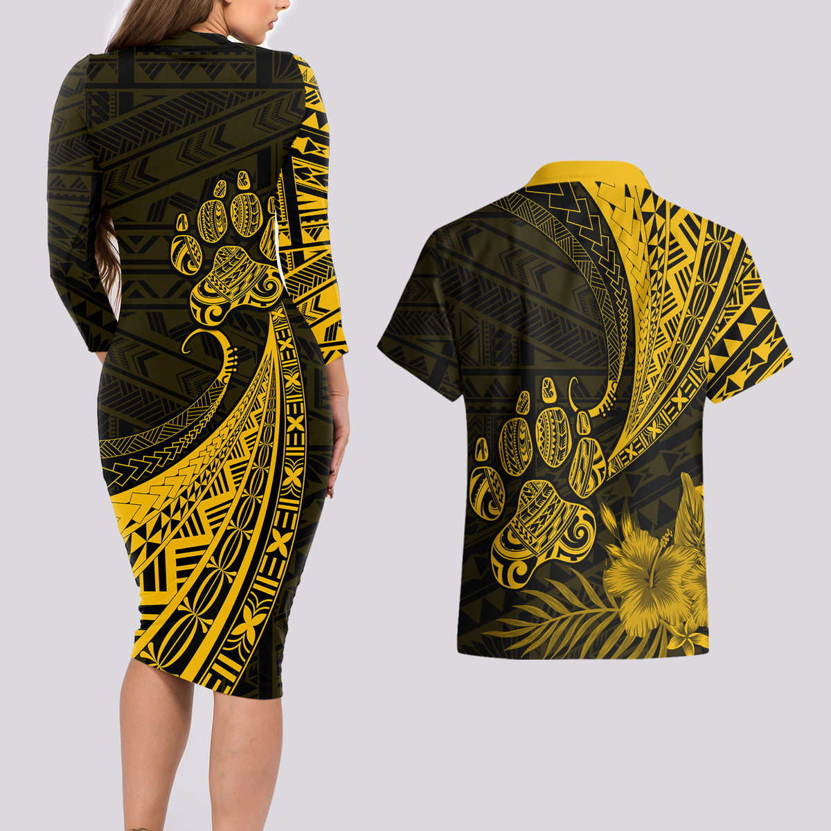 Personalised Polynesian Pacific Bulldog Couples Matching Long Sleeve Bodycon Dress and Hawaiian Shirt With Gold Hawaii Tribal Tattoo Patterns LT7 - Wonder Print Shop