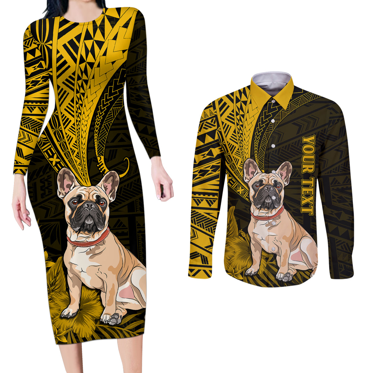 Personalised Polynesian Pacific Bulldog Couples Matching Long Sleeve Bodycon Dress and Long Sleeve Button Shirts With Gold Hawaii Tribal Tattoo Patterns LT7 - Wonder Print Shop