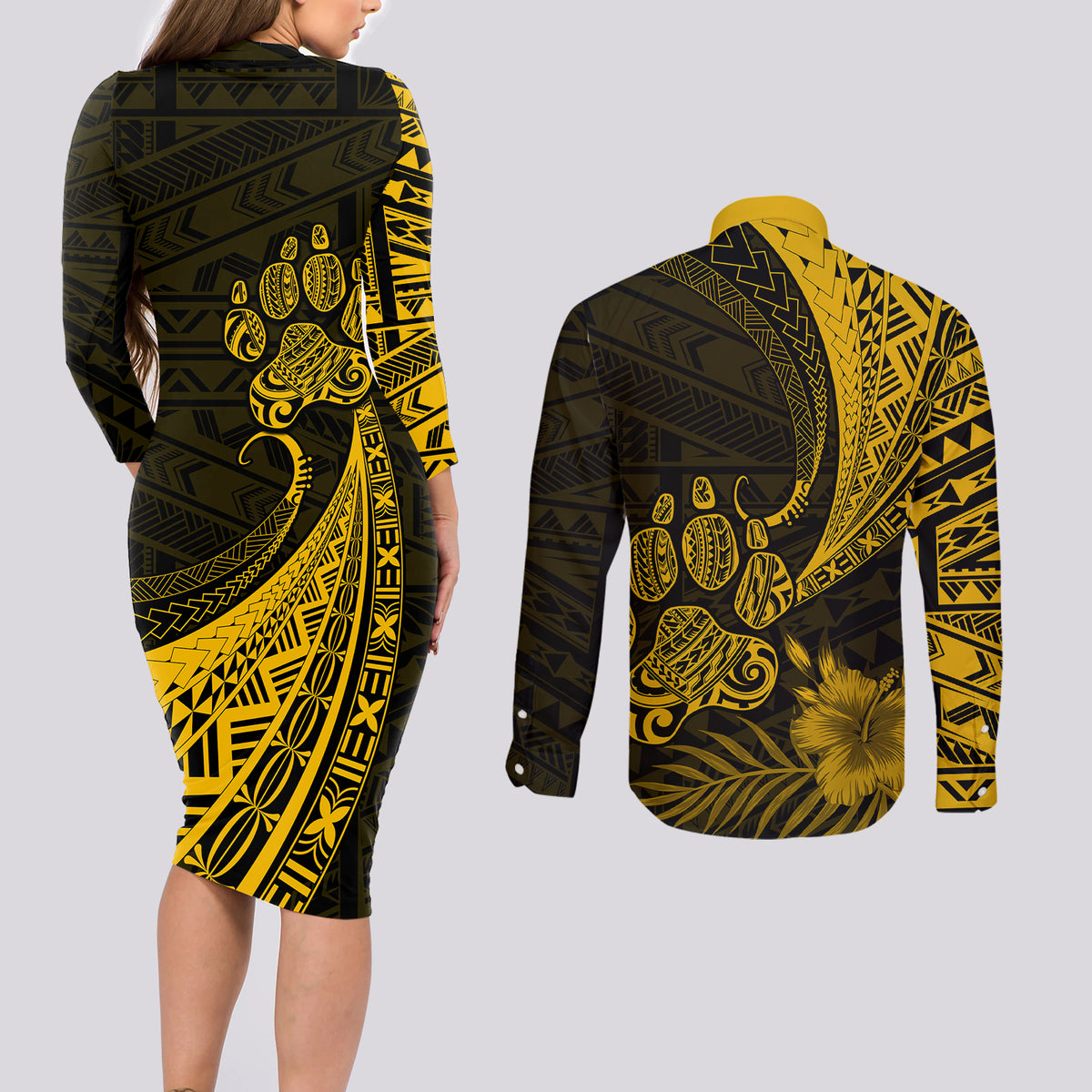 Personalised Polynesian Pacific Bulldog Couples Matching Long Sleeve Bodycon Dress and Long Sleeve Button Shirts With Gold Hawaii Tribal Tattoo Patterns LT7 - Wonder Print Shop