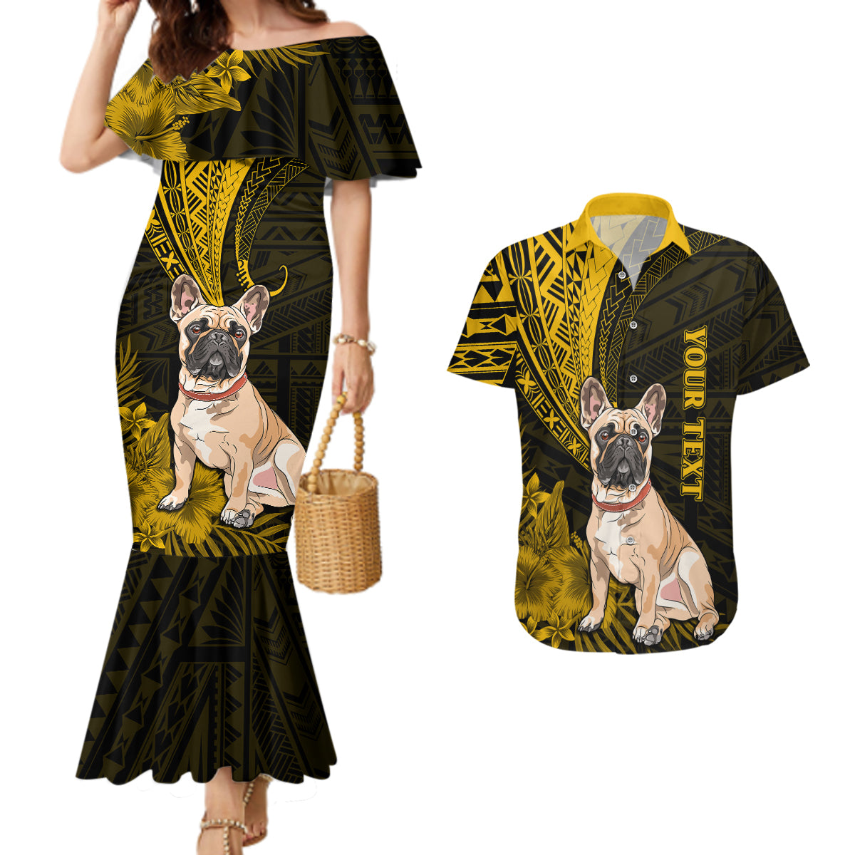 Personalised Polynesian Pacific Bulldog Couples Matching Mermaid Dress And Hawaiian Shirt With Gold Hawaii Tribal Tattoo Patterns LT7 - Wonder Print Shop