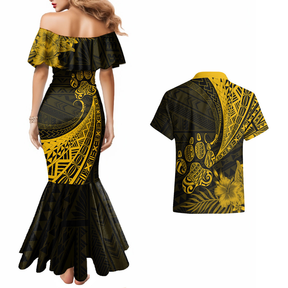 Personalised Polynesian Pacific Bulldog Couples Matching Mermaid Dress And Hawaiian Shirt With Gold Hawaii Tribal Tattoo Patterns LT7 - Wonder Print Shop