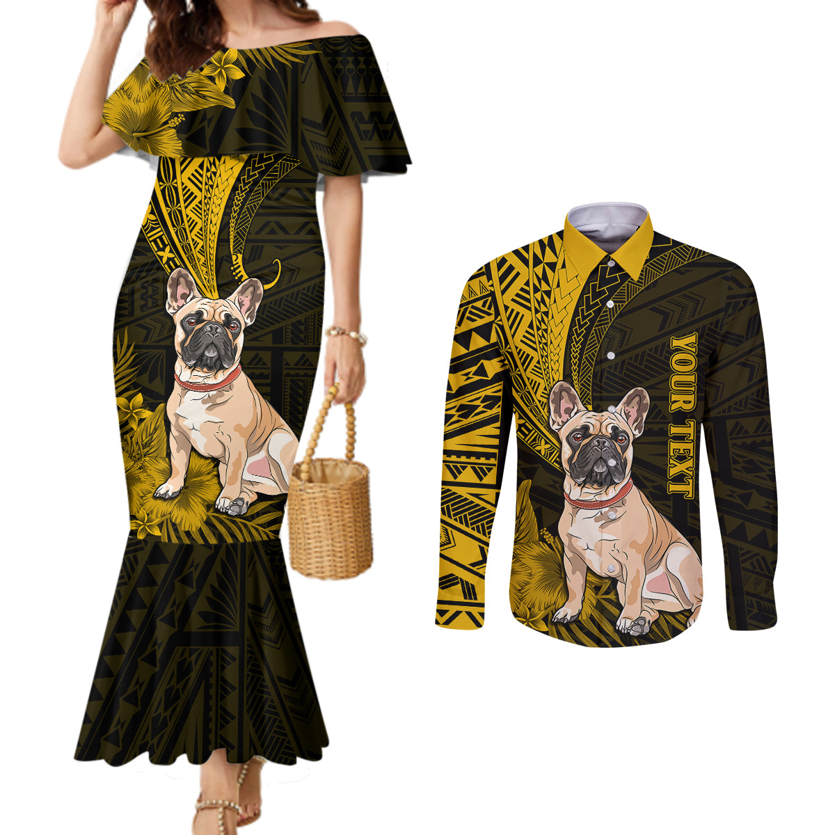 personalised-polynesian-pacific-bulldog-couples-matching-mermaid-dress-and-long-sleeve-button-shirts-with-gold-hawaii-tribal-tattoo-patterns