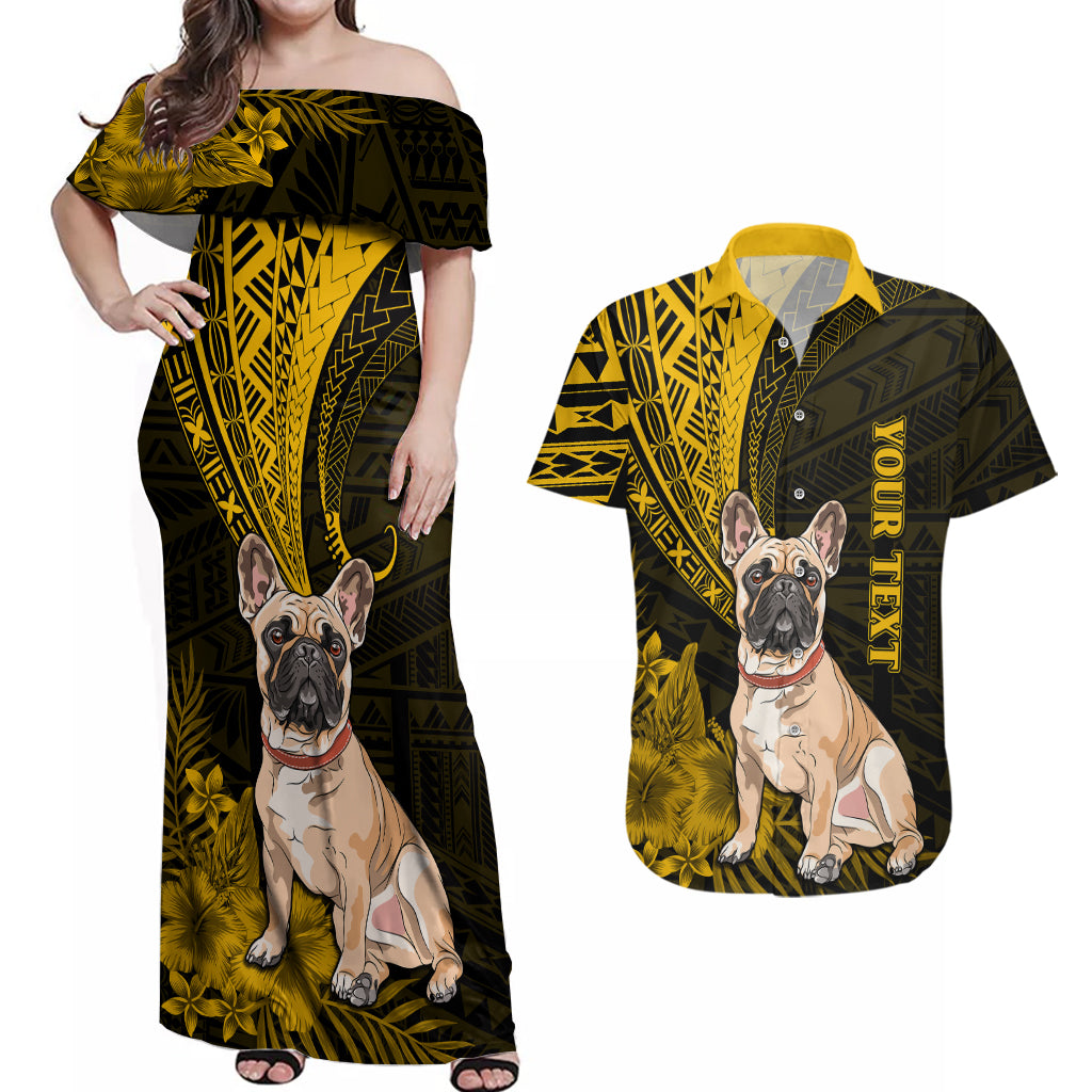 Personalised Polynesian Pacific Bulldog Couples Matching Off Shoulder Maxi Dress and Hawaiian Shirt With Gold Hawaii Tribal Tattoo Patterns LT7 - Wonder Print Shop