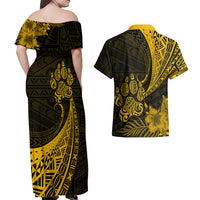 Personalised Polynesian Pacific Bulldog Couples Matching Off Shoulder Maxi Dress and Hawaiian Shirt With Gold Hawaii Tribal Tattoo Patterns LT7 - Wonder Print Shop