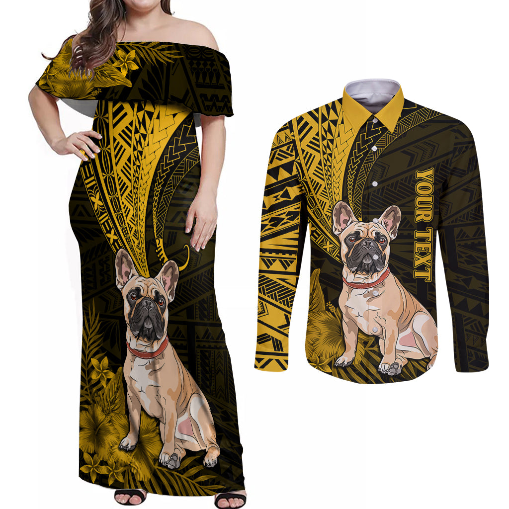 Personalised Polynesian Pacific Bulldog Couples Matching Off Shoulder Maxi Dress and Long Sleeve Button Shirts With Gold Hawaii Tribal Tattoo Patterns LT7 - Wonder Print Shop