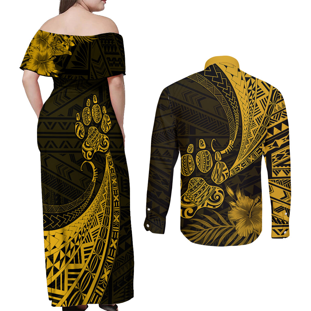 Personalised Polynesian Pacific Bulldog Couples Matching Off Shoulder Maxi Dress and Long Sleeve Button Shirts With Gold Hawaii Tribal Tattoo Patterns LT7 - Wonder Print Shop