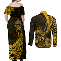 Personalised Polynesian Pacific Bulldog Couples Matching Off Shoulder Maxi Dress and Long Sleeve Button Shirts With Gold Hawaii Tribal Tattoo Patterns LT7 - Wonder Print Shop