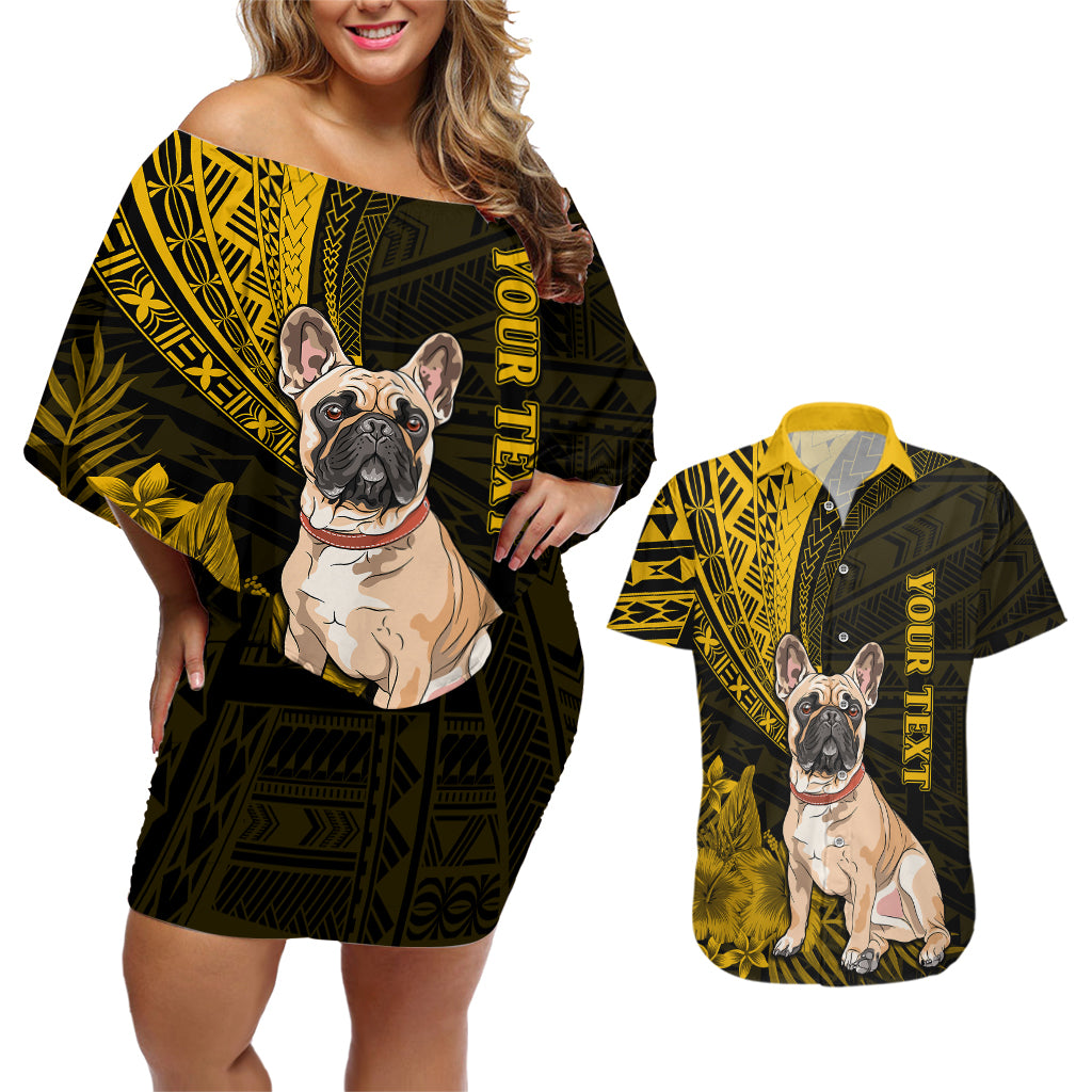 Personalised Polynesian Pacific Bulldog Couples Matching Off Shoulder Short Dress and Hawaiian Shirt With Gold Hawaii Tribal Tattoo Patterns LT7 - Wonder Print Shop