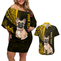 Personalised Polynesian Pacific Bulldog Couples Matching Off Shoulder Short Dress and Hawaiian Shirt With Gold Hawaii Tribal Tattoo Patterns LT7 - Wonder Print Shop