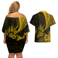 Personalised Polynesian Pacific Bulldog Couples Matching Off Shoulder Short Dress and Hawaiian Shirt With Gold Hawaii Tribal Tattoo Patterns LT7 - Wonder Print Shop