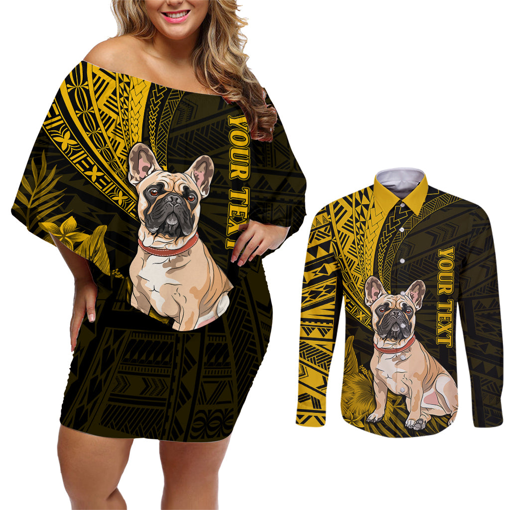 Personalised Polynesian Pacific Bulldog Couples Matching Off Shoulder Short Dress and Long Sleeve Button Shirts With Gold Hawaii Tribal Tattoo Patterns LT7 - Wonder Print Shop