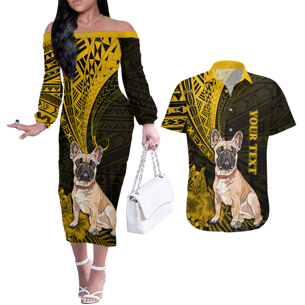 Personalised Polynesian Pacific Bulldog Couples Matching Off The Shoulder Long Sleeve Dress and Hawaiian Shirt With Gold Hawaii Tribal Tattoo Patterns LT7 - Wonder Print Shop