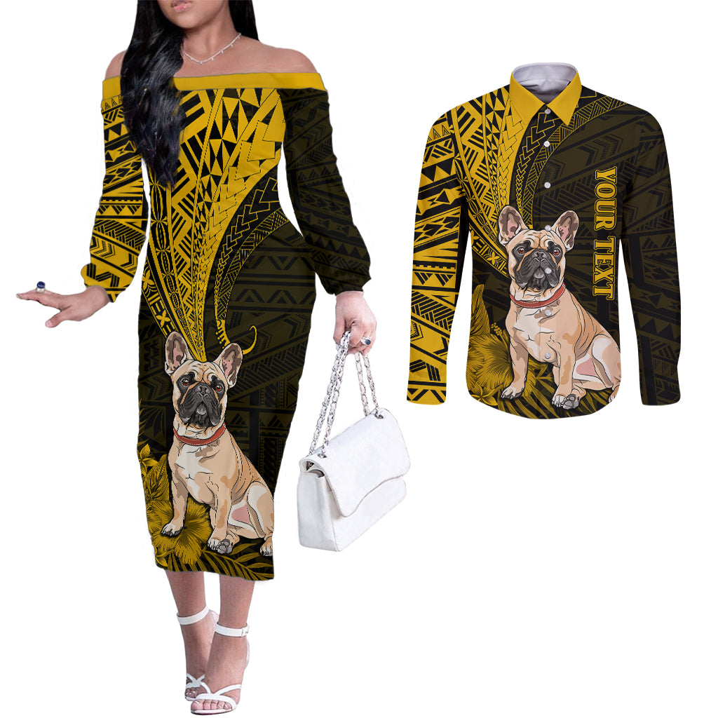 personalised-polynesian-pacific-bulldog-couples-matching-off-the-shoulder-long-sleeve-dress-and-long-sleeve-button-shirts-with-gold-hawaii-tribal-tattoo-patterns