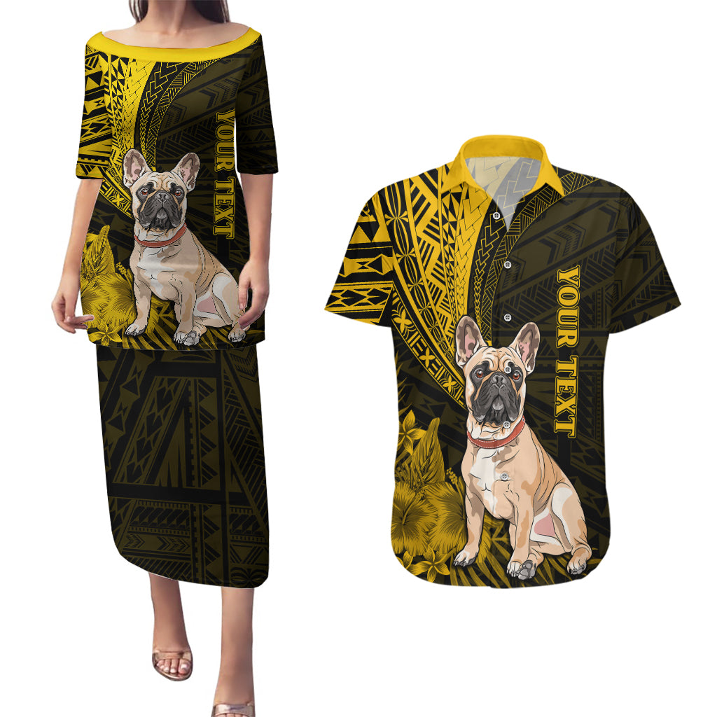 Personalised Polynesian Pacific Bulldog Couples Matching Puletasi Dress and Hawaiian Shirt With Gold Hawaii Tribal Tattoo Patterns LT7 - Wonder Print Shop