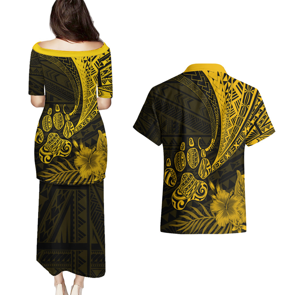 Personalised Polynesian Pacific Bulldog Couples Matching Puletasi Dress and Hawaiian Shirt With Gold Hawaii Tribal Tattoo Patterns LT7 - Wonder Print Shop