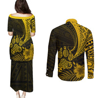 Personalised Polynesian Pacific Bulldog Couples Matching Puletasi Dress and Long Sleeve Button Shirts With Gold Hawaii Tribal Tattoo Patterns LT7 - Wonder Print Shop