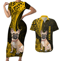 Personalised Polynesian Pacific Bulldog Couples Matching Short Sleeve Bodycon Dress and Hawaiian Shirt With Gold Hawaii Tribal Tattoo Patterns LT7 - Wonder Print Shop