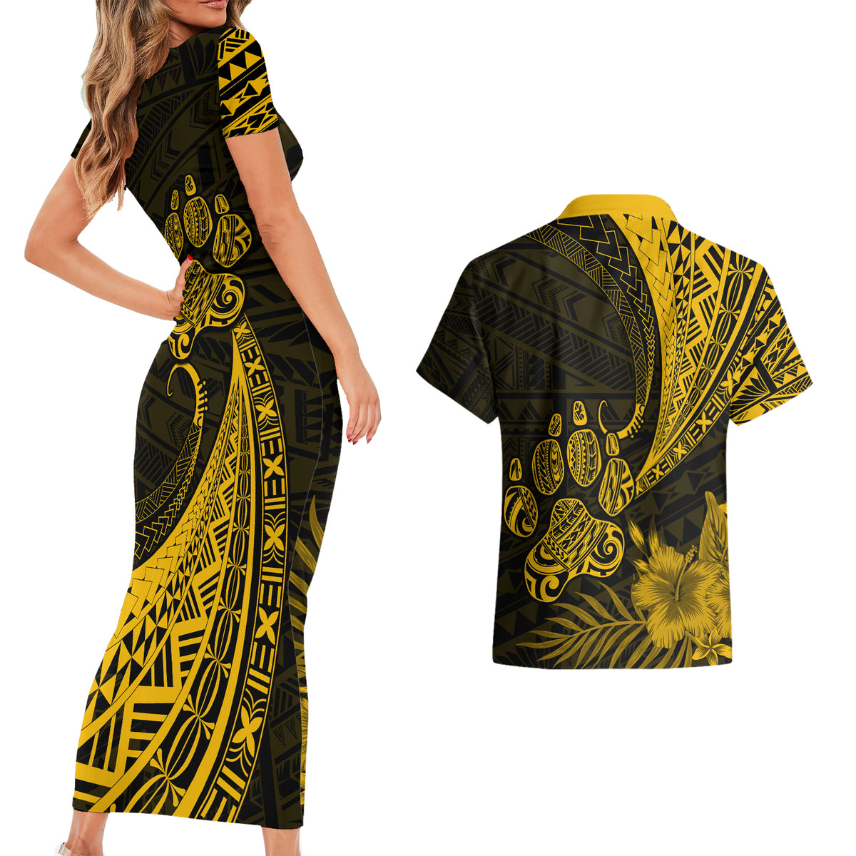 Personalised Polynesian Pacific Bulldog Couples Matching Short Sleeve Bodycon Dress and Hawaiian Shirt With Gold Hawaii Tribal Tattoo Patterns LT7 - Wonder Print Shop