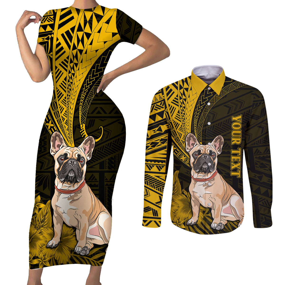 Personalised Polynesian Pacific Bulldog Couples Matching Short Sleeve Bodycon Dress and Long Sleeve Button Shirts With Gold Hawaii Tribal Tattoo Patterns LT7 - Wonder Print Shop