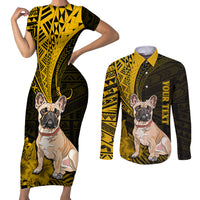 Personalised Polynesian Pacific Bulldog Couples Matching Short Sleeve Bodycon Dress and Long Sleeve Button Shirts With Gold Hawaii Tribal Tattoo Patterns LT7 - Wonder Print Shop