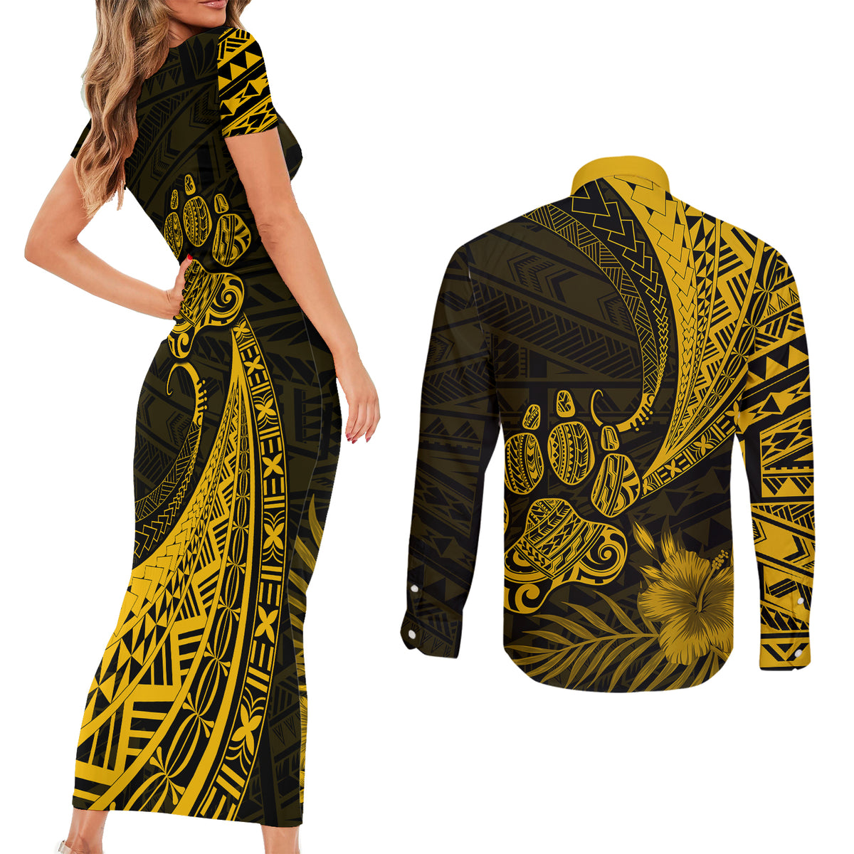 Personalised Polynesian Pacific Bulldog Couples Matching Short Sleeve Bodycon Dress and Long Sleeve Button Shirts With Gold Hawaii Tribal Tattoo Patterns LT7 - Wonder Print Shop