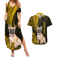 Personalised Polynesian Pacific Bulldog Couples Matching Summer Maxi Dress and Hawaiian Shirt With Gold Hawaii Tribal Tattoo Patterns LT7 - Wonder Print Shop