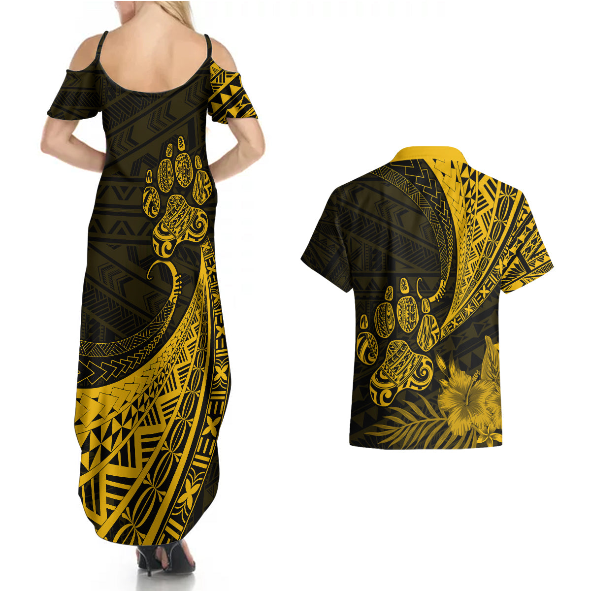 Personalised Polynesian Pacific Bulldog Couples Matching Summer Maxi Dress and Hawaiian Shirt With Gold Hawaii Tribal Tattoo Patterns LT7 - Wonder Print Shop
