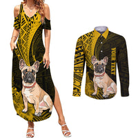 Personalised Polynesian Pacific Bulldog Couples Matching Summer Maxi Dress and Long Sleeve Button Shirts With Gold Hawaii Tribal Tattoo Patterns LT7 - Wonder Print Shop