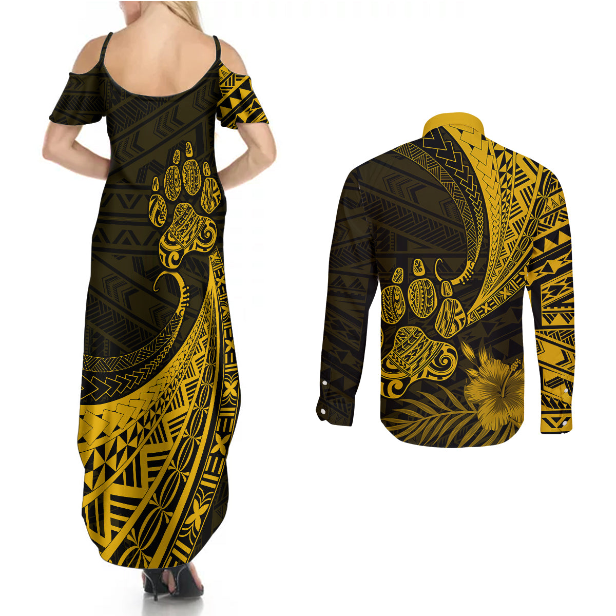 Personalised Polynesian Pacific Bulldog Couples Matching Summer Maxi Dress and Long Sleeve Button Shirts With Gold Hawaii Tribal Tattoo Patterns LT7 - Wonder Print Shop