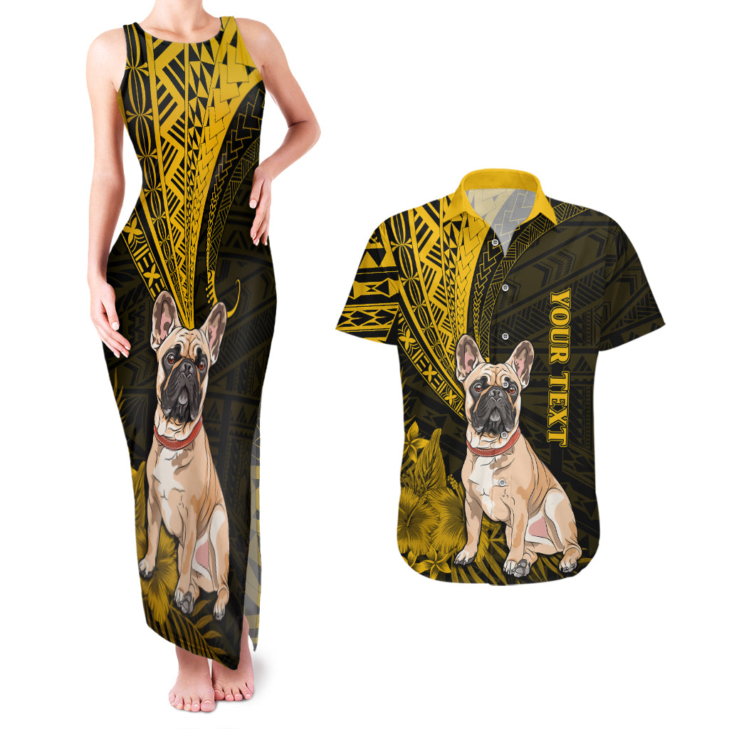 Personalised Polynesian Pacific Bulldog Couples Matching Tank Maxi Dress And Hawaiian Shirt With Gold Hawaii Tribal Tattoo Patterns LT7 - Wonder Print Shop