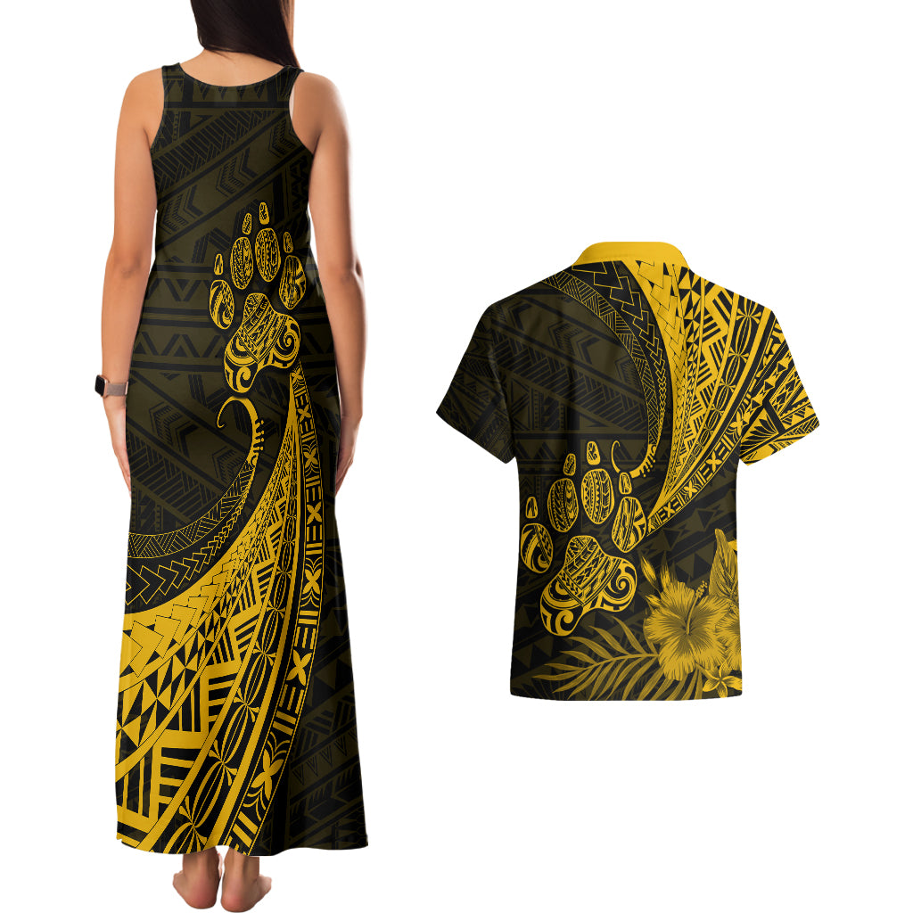 Personalised Polynesian Pacific Bulldog Couples Matching Tank Maxi Dress And Hawaiian Shirt With Gold Hawaii Tribal Tattoo Patterns LT7 - Wonder Print Shop