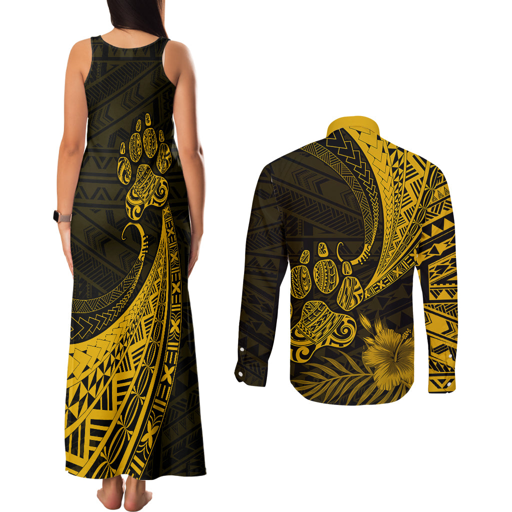 Personalised Polynesian Pacific Bulldog Couples Matching Tank Maxi Dress and Long Sleeve Button Shirts With Gold Hawaii Tribal Tattoo Patterns LT7 - Wonder Print Shop