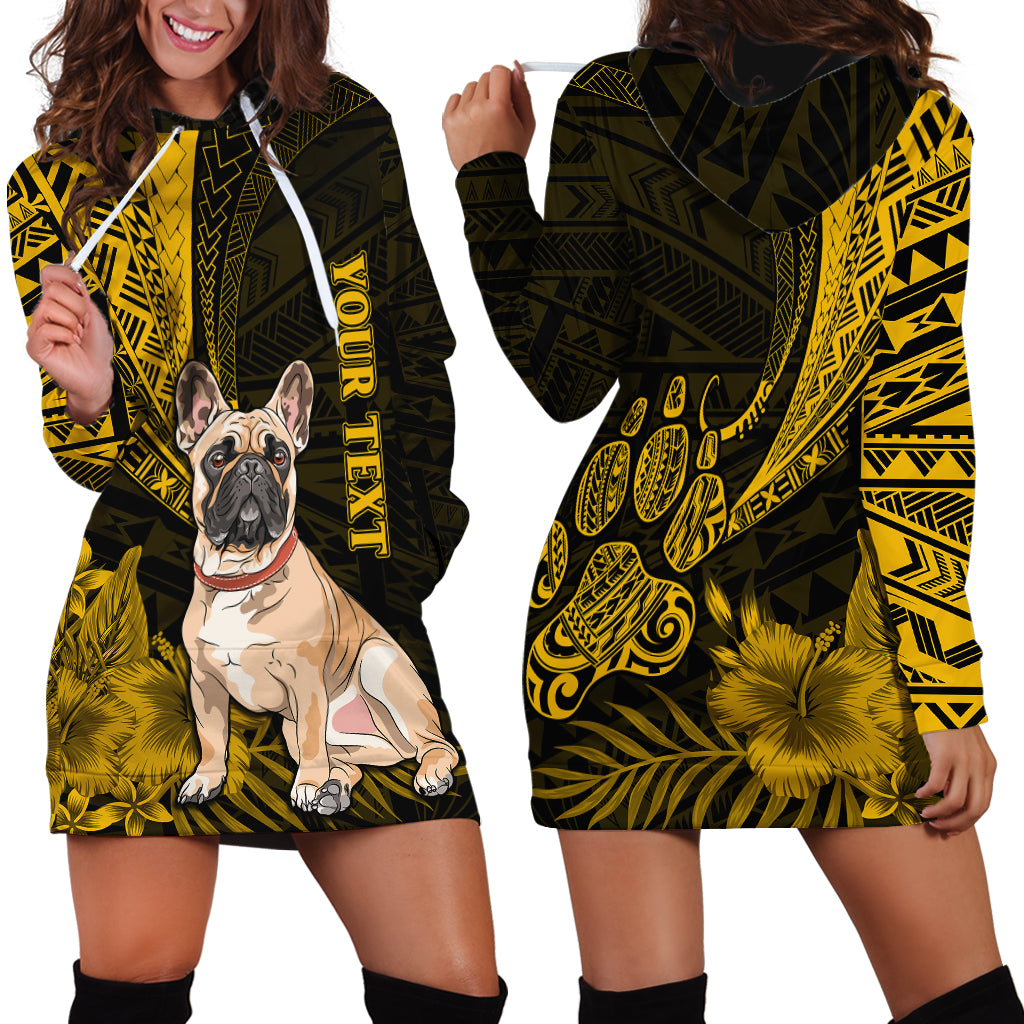 Personalised Polynesian Pacific Bulldog Hoodie Dress With Gold Hawaii Tribal Tattoo Patterns - Wonder Print Shop